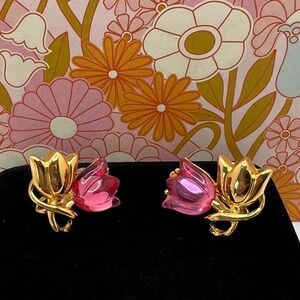 Trifari Pink Tulip Jelly Belly CLIP Earrings